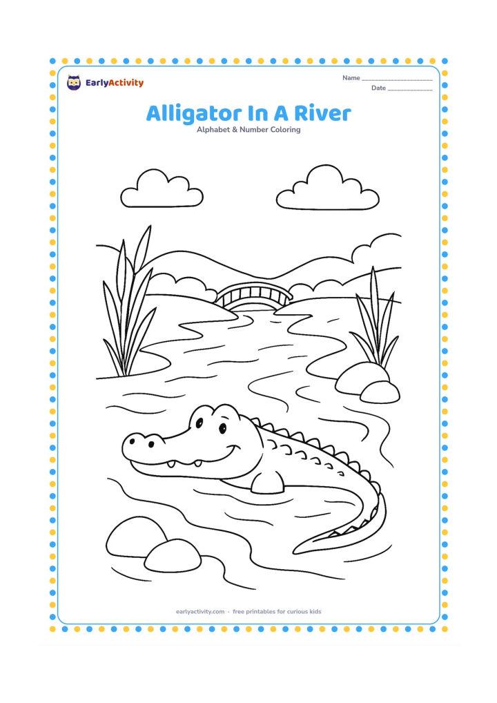 Colouring page: Draw an alligator swimming through a wide river with only its head and back above the water. Add reeds, rounded rocks, and a small bridge in the distance.