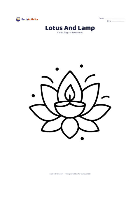 Worksheet: Draw a large lotus flower with a small diya resting in its centre. Surround it with a few broad curved petals and dots, with plenty of blank space around the central picture.