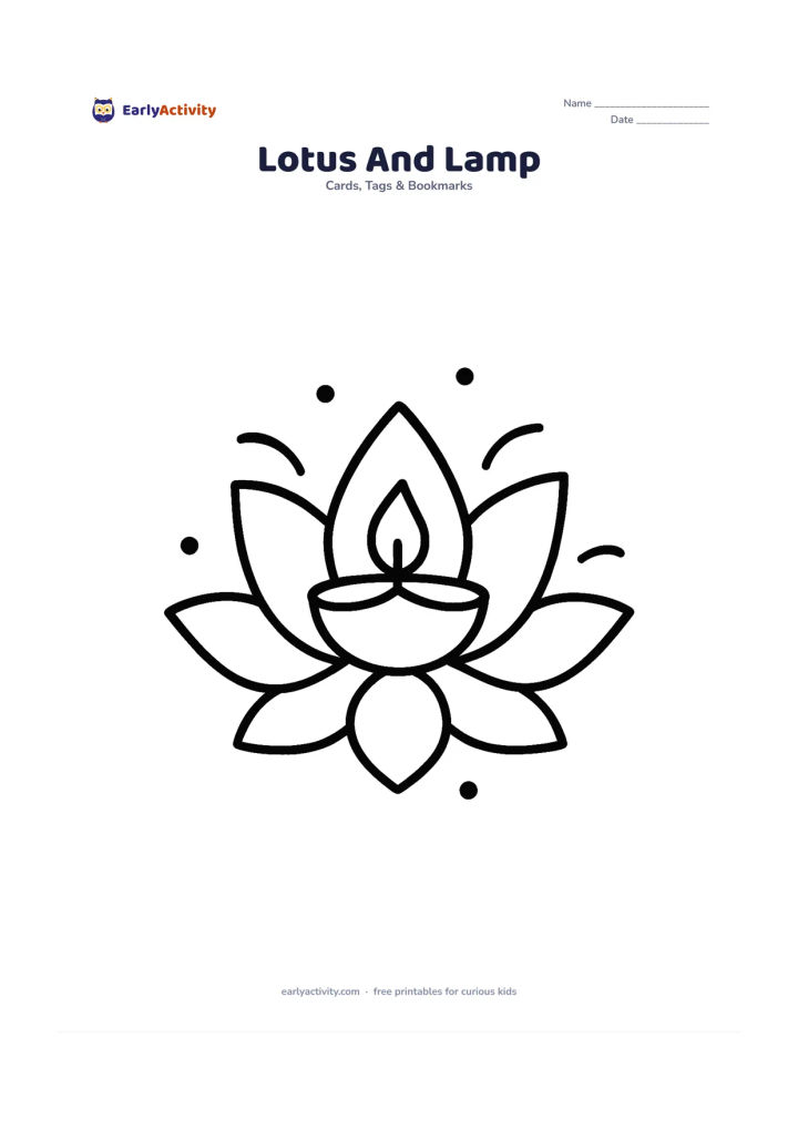 Worksheet: Draw a large lotus flower with a small diya resting in its centre. Surround it with a few broad curved petals and dots, with plenty of blank space around the central picture.