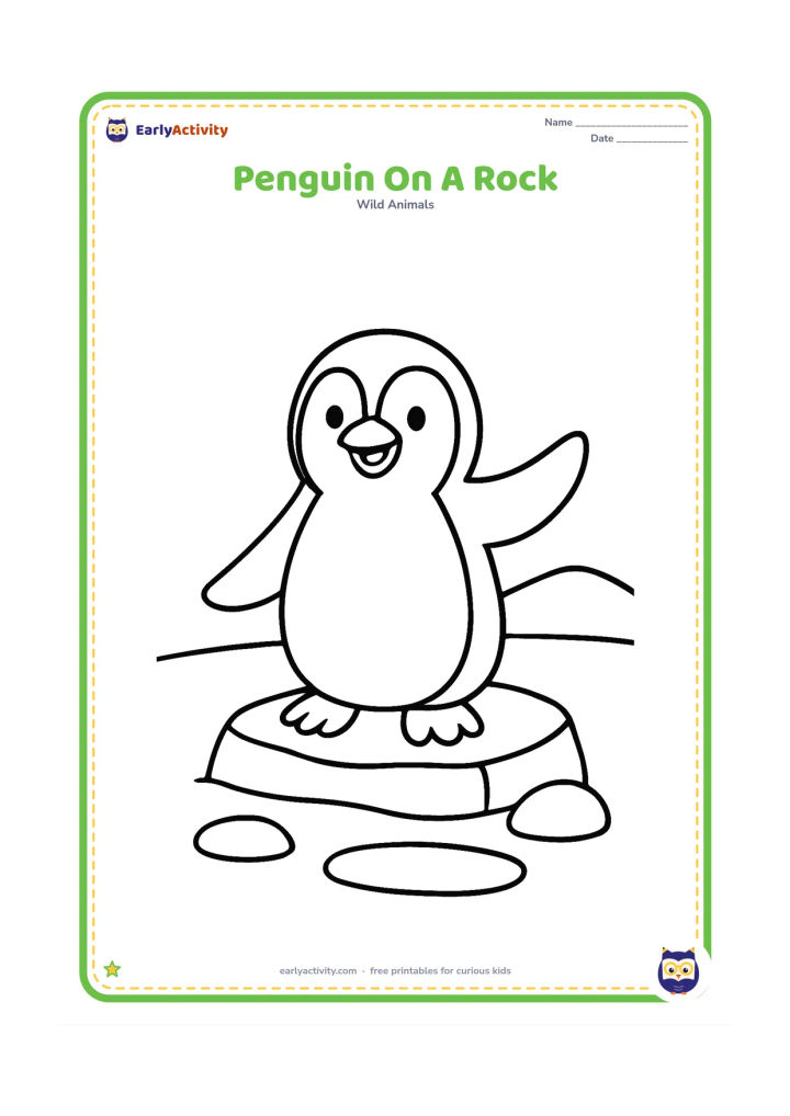 Colouring page: A cheerful penguin stands on a low rock beside a small pool, flapping one wing. Add two rounded ice-like stones and a simple distant hill.