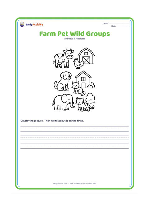 Worksheet: Create three clearly separated picture groups: a cow and hen on a farm, a dog and cat near a home, and an elephant and tiger in a forest. Leave open space between the groups for a…