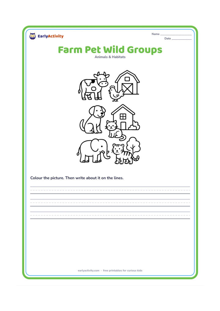 Worksheet: Create three clearly separated picture groups: a cow and hen on a farm, a dog and cat near a home, and an elephant and tiger in a forest. Leave open space between the groups for a…