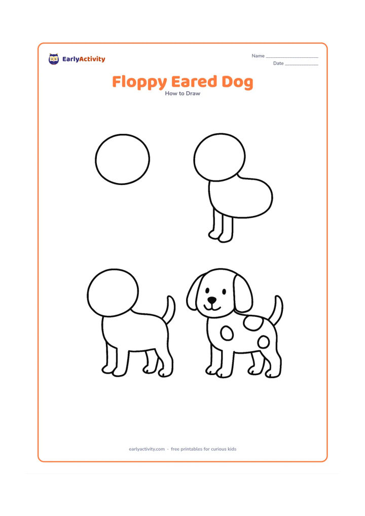 Worksheet: Show four blank, unlabeled stages of a standing dog, adding a round head, long floppy ears, oval body, four legs and a lifted tail. Add a few simple coat spots in the final stage.