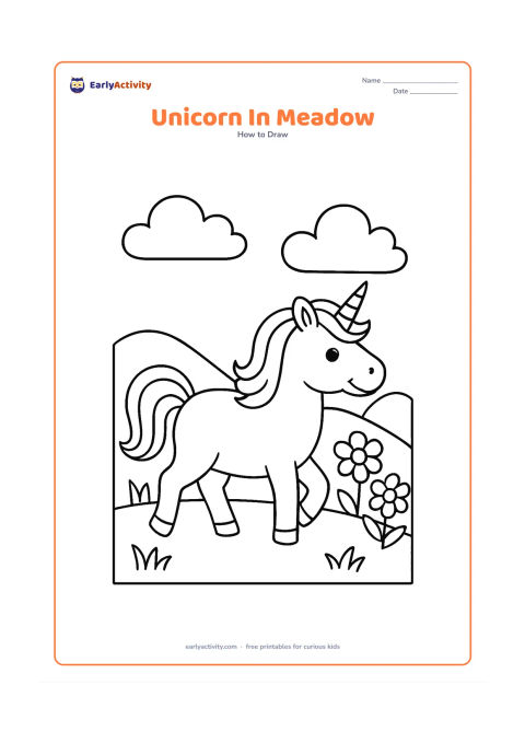 Worksheet: A simple unicorn walking through a meadow with a large oval body, flowing mane, three visible legs and a lifted tail. Add two big clouds, a low hill and three large flowers behind it.