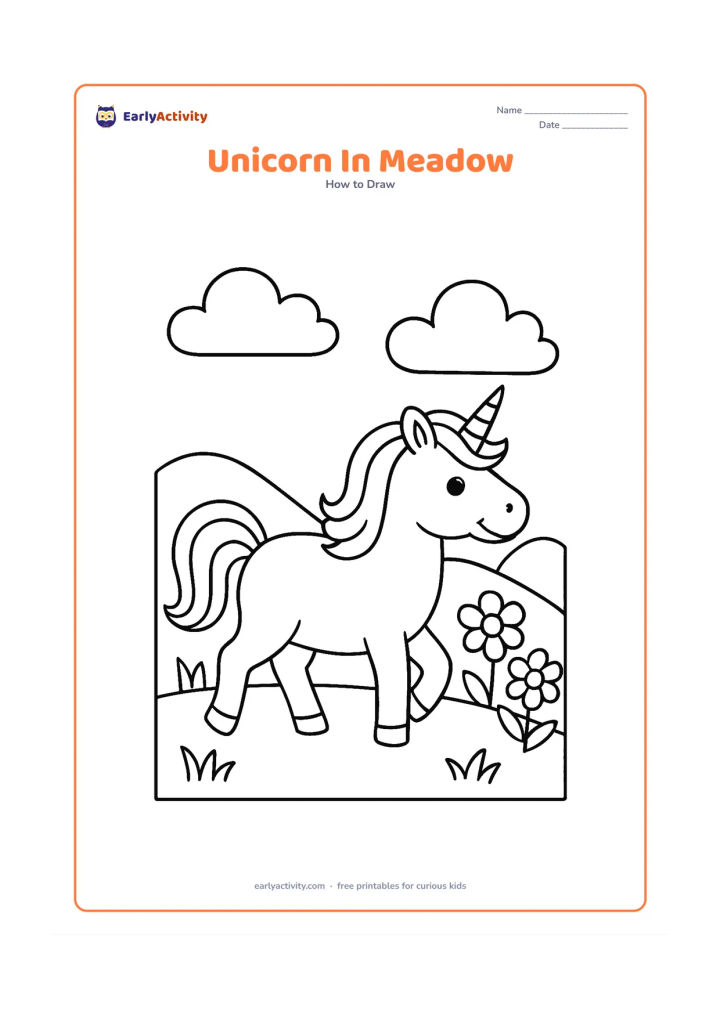 Worksheet: A simple unicorn walking through a meadow with a large oval body, flowing mane, three visible legs and a lifted tail. Add two big clouds, a low hill and three large flowers behind it.