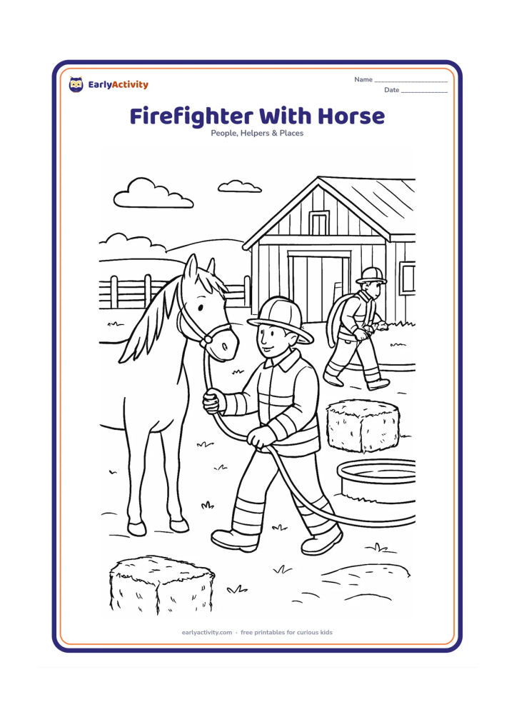 Colouring page: Draw a firefighter gently leading a horse away from a rural stable while another firefighter carries a hose toward the stable yard. Include hay bales, fencing, a water trough and distant…