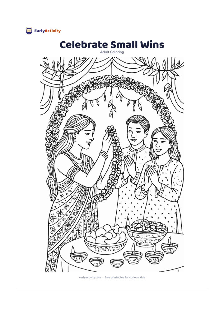 Colouring page: A person places the final flower on a handmade garland at a home celebration, while two friends clap gently nearby and a table holds fruit, clay lamps and flower bowls. Add hanging…