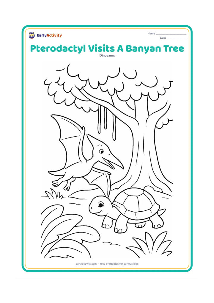 Colouring page: Draw a pterodactyl landing beside a broad banyan-like tree with hanging roots, large ground leaves and a friendly tortoise near the roots.