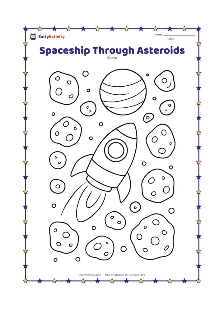 Colouring page: Show a small spaceship carefully flying through a field of varied rounded asteroids, with a large planet in the distance and curved movement lines. Make the craft point upward between…