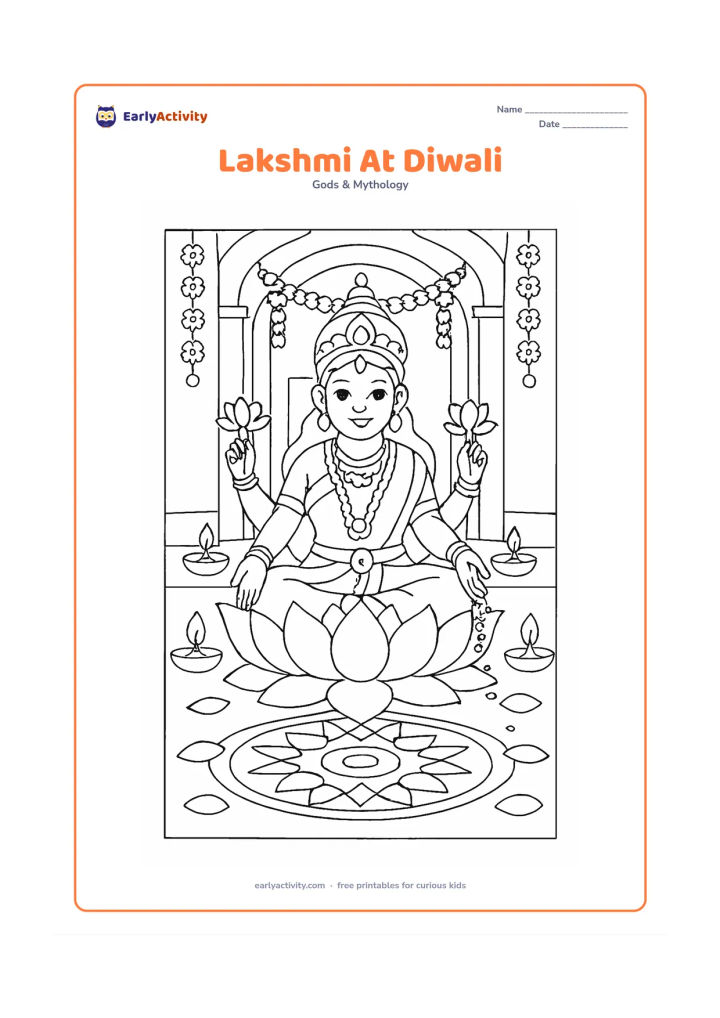 Colouring page: Draw Goddess Lakshmi seated on a lotus in front of a decorated home entrance, surrounded by several diyas, lotus petals, and a circular rangoli pattern. Include a few hanging flower…