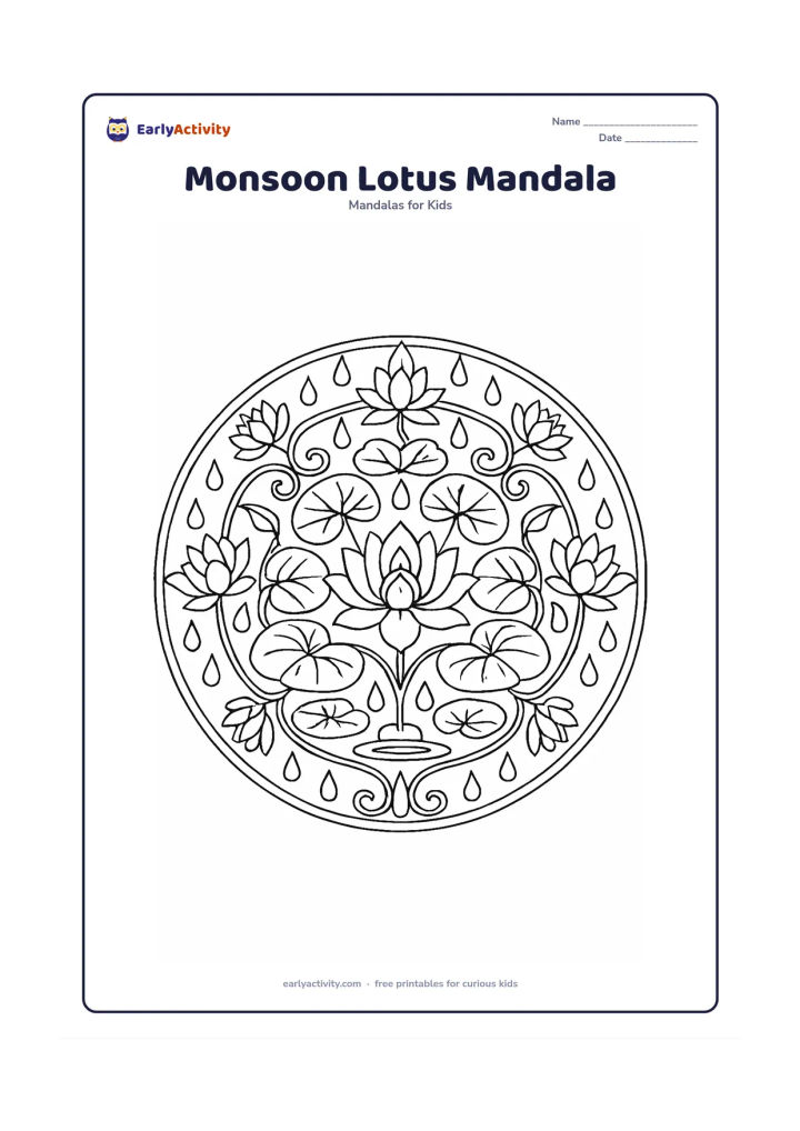 Colouring page: A detailed round mandala with layered lotus blossoms, lily leaves, curling stems and repeating raindrops arranged in concentric rings. Include small pond ripples and closed lotus buds to…