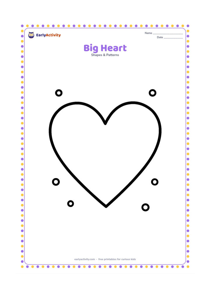 Colouring page: One very large heart shape fills the centre of the page, with a few tiny round dots around it and plenty of open space.