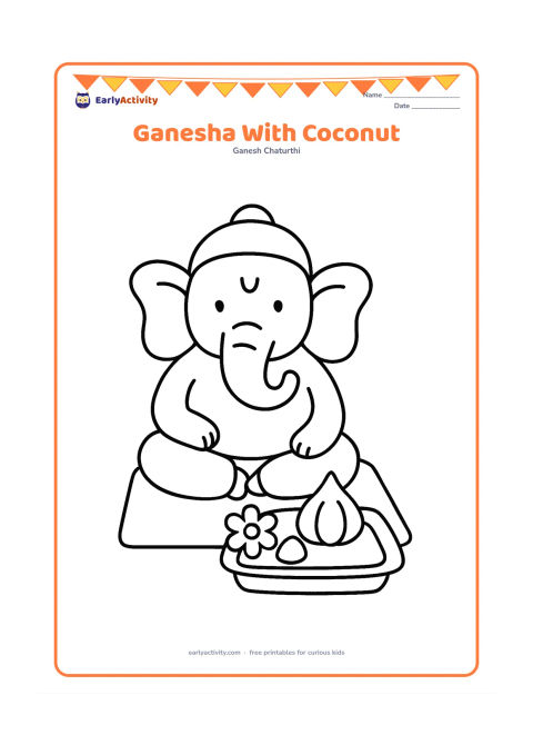 Colouring page: Ganesha sits beside a simple puja tray containing a coconut, one flower and a modak. Add a plain mat beneath the objects.