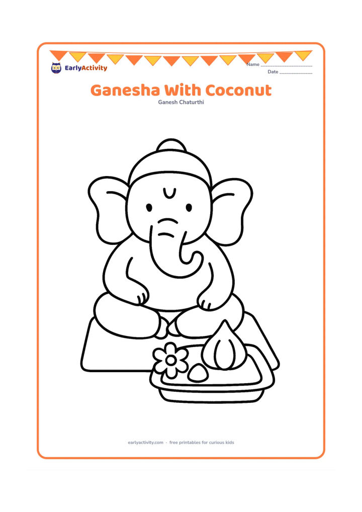 Colouring page: Ganesha sits beside a simple puja tray containing a coconut, one flower and a modak. Add a plain mat beneath the objects.