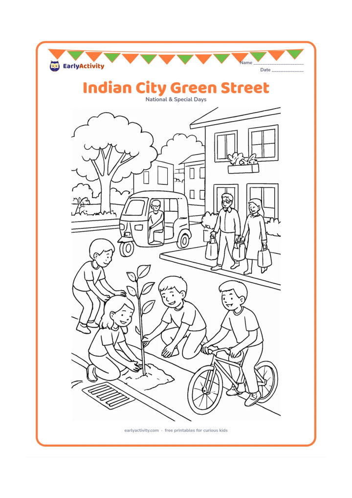 Colouring page: Draw a busy but orderly Indian neighbourhood street with children planting trees beside a footpath, a cyclist, an auto-rickshaw, balcony plants and a family carrying reusable shopping…
