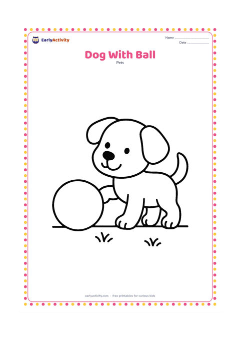 Colouring page: Draw a happy small dog standing beside one large ball, with its tail raised and one paw lifted toward the ball. Add only a short ground line and a few simple grass tufts.