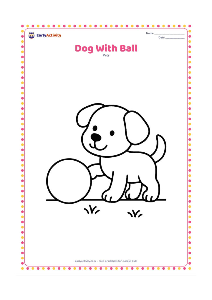 Colouring page: Draw a happy small dog standing beside one large ball, with its tail raised and one paw lifted toward the ball. Add only a short ground line and a few simple grass tufts.
