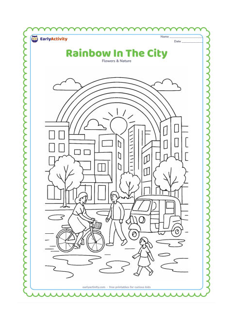 Colouring page: Draw a rainbow over a busy but peaceful Indian city street after rain, with pedestrians, a bicycle, an auto-rickshaw, shopfront shapes without signs, puddles and trees. Show sunlight…