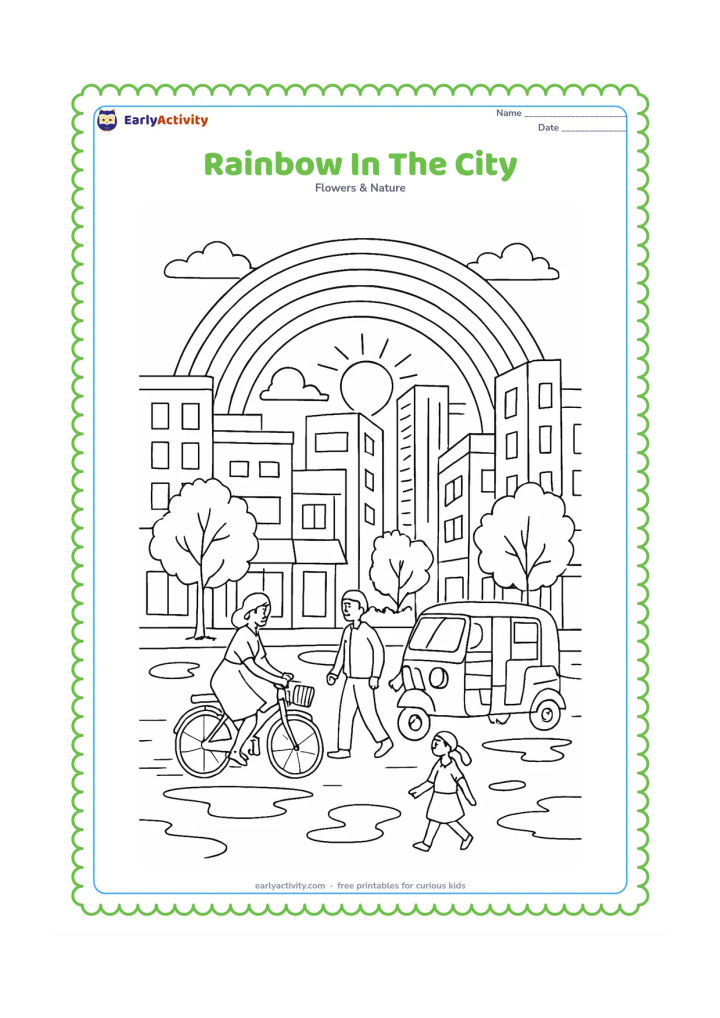 Colouring page: Draw a rainbow over a busy but peaceful Indian city street after rain, with pedestrians, a bicycle, an auto-rickshaw, shopfront shapes without signs, puddles and trees. Show sunlight…