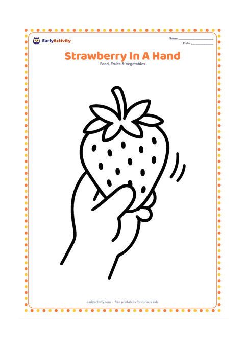 Colouring page: Draw a child-sized hand holding one large strawberry by its leafy top, with only a few curved motion lines and no facial details.