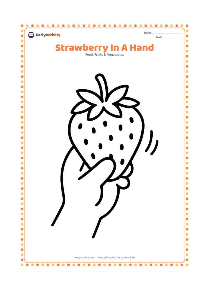 Colouring page: Draw a child-sized hand holding one large strawberry by its leafy top, with only a few curved motion lines and no facial details.