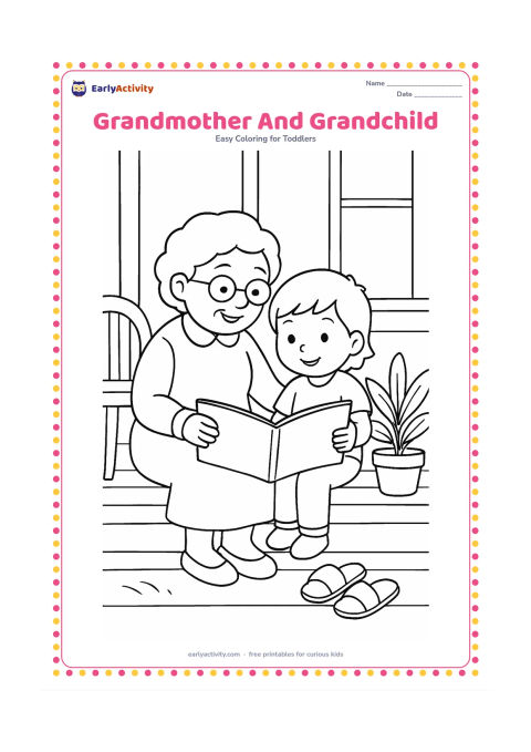 Colouring page: Draw a grandmother and young child sitting together on a veranda, looking at a picture book with a potted plant and a pair of sandals nearby.