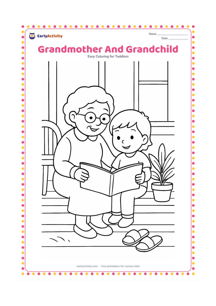 Colouring page: Draw a grandmother and young child sitting together on a veranda, looking at a picture book with a potted plant and a pair of sandals nearby.