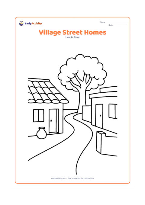 Worksheet: Draw a small Indian village street with two different homes, one with a sloping tiled roof and one with a flat roof, facing a narrow lane. Add a neem-like tree, a water pot near a…