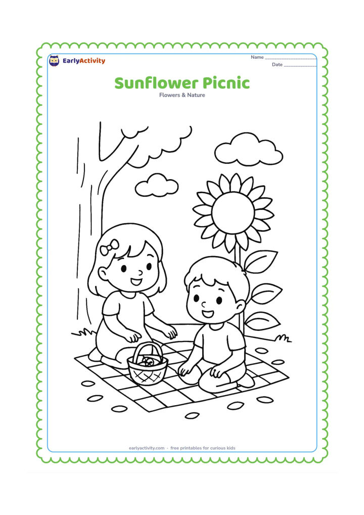 Colouring page: Two children sit on a picnic cloth beside a tall sunflower and a small basket of sunflower seeds. Add a tree trunk, two clouds, and several petals scattered on the ground.