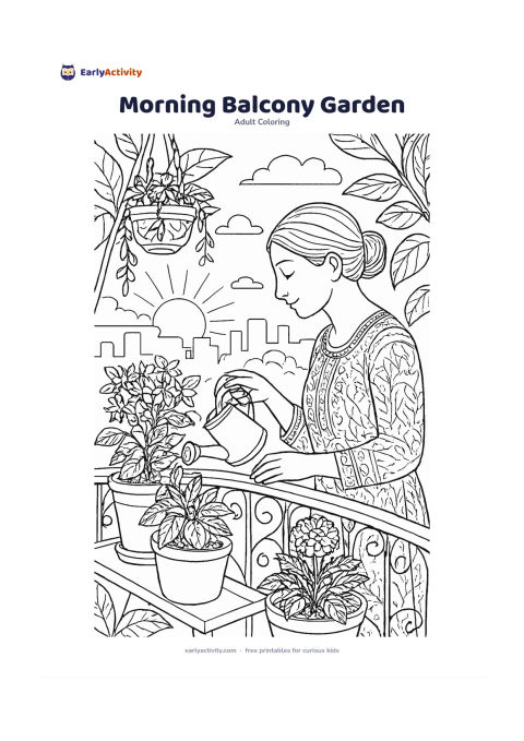 Colouring page: An adult gently watering potted jasmine, basil and marigold plants on an Indian apartment balcony at sunrise. Include curved railings, hanging pots, broad leaves, flower shapes, a…