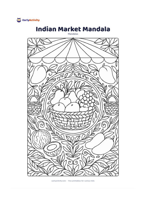 Colouring page: Draw a market basket of fruits at the centre of a circular mandala, surrounded by mangoes, bananas, coconuts, leafy garlands, baskets, and a simple fabric canopy. Arrange produce and…