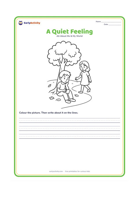 Worksheet: A child sits alone under a shady tree with a thoughtful face, holding a small blank drawing pad while a gentle friend approaches from the side. Include fallen leaves and a park path.