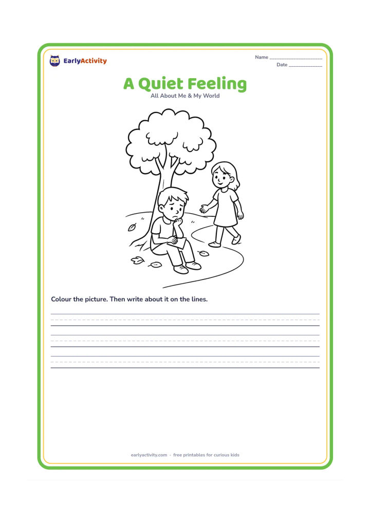 Worksheet: A child sits alone under a shady tree with a thoughtful face, holding a small blank drawing pad while a gentle friend approaches from the side. Include fallen leaves and a park path.