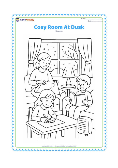 Colouring page: A family gathers in a cosy room at dusk, with one child reading a blank-page book, another drawing at a table, and an adult folding blankets. Show a glowing lamp, a window with a winter…