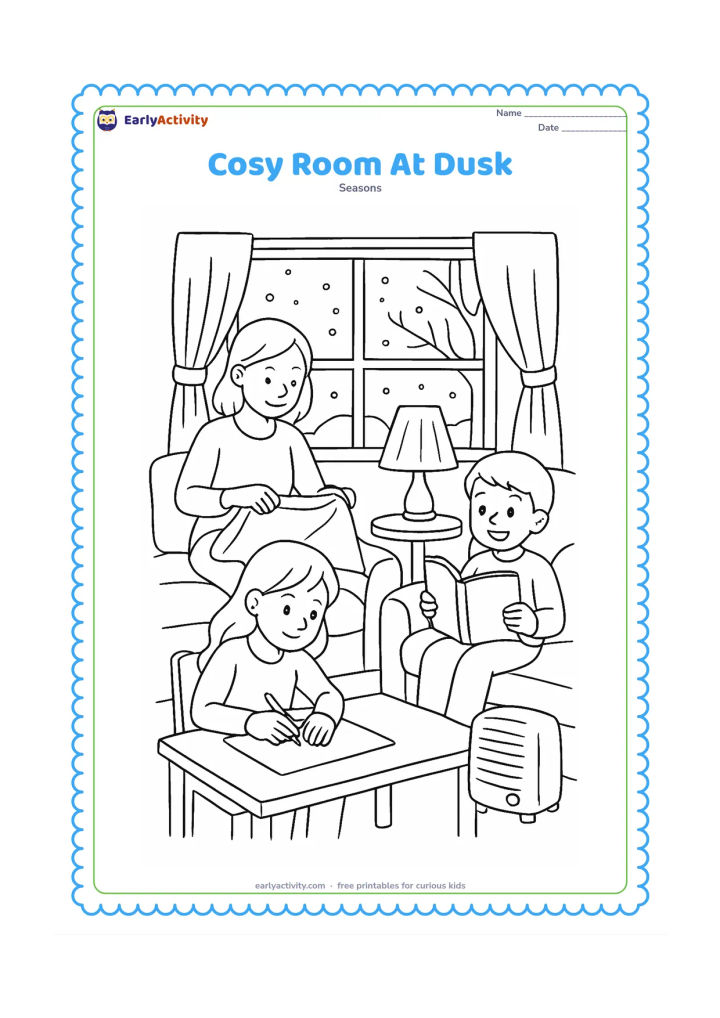 Colouring page: A family gathers in a cosy room at dusk, with one child reading a blank-page book, another drawing at a table, and an adult folding blankets. Show a glowing lamp, a window with a winter…