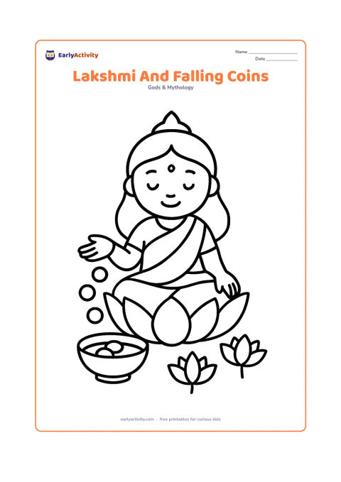 Colouring page: Draw Goddess Lakshmi seated on a lotus with one open hand gently releasing a small group of large round coins into a bowl below. Add two simple lotus flowers beside the bowl.