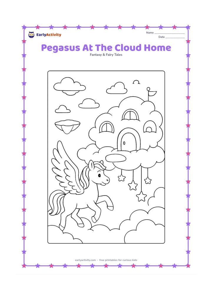 Colouring page: Show a pegasus arriving at a fanciful cloud home with rounded cloud rooms, a tiny cloud bridge, hanging star ornaments and a small weather vane without markings. Add distant floating…