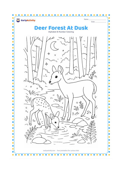 Colouring page: A deer pauses beside a woodland stream at dusk while a fawn drinks nearby. Include layered tree trunks, fern clusters, stones, fireflies, a crescent moon and reflections in the water.