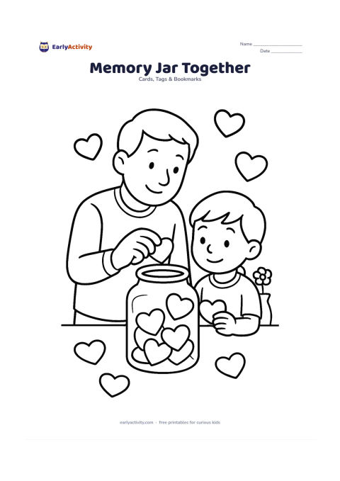 Worksheet: Draw a child and father placing small heart-shaped paper memories into a large glass jar, with several blank heart shapes floating around it. Add a table and a simple flower vase in the…