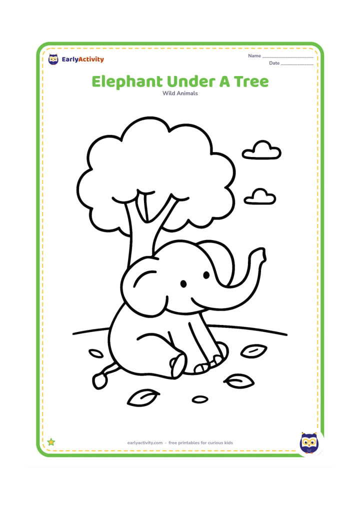Colouring page: Draw an elephant resting beneath a large leafy tree with its trunk curled upward. Include a wide patch of shade, a few fallen leaves and open sky.