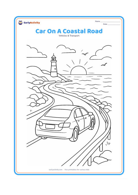 Colouring page: Draw a car travelling along a coastal road at late afternoon, viewed from above and behind, with a curved guardrail, ocean waves, rocky shore, lighthouse and seabirds. Keep the…