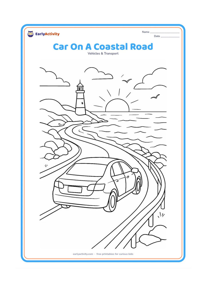 Colouring page: Draw a car travelling along a coastal road at late afternoon, viewed from above and behind, with a curved guardrail, ocean waves, rocky shore, lighthouse and seabirds. Keep the…