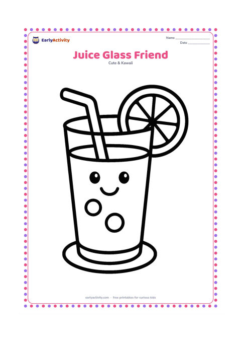 Colouring page: Draw a tall glass of juice with a friendly face, a wide straw, and one orange slice on the rim. Add two large bubbles inside the drink and a simple coaster below.