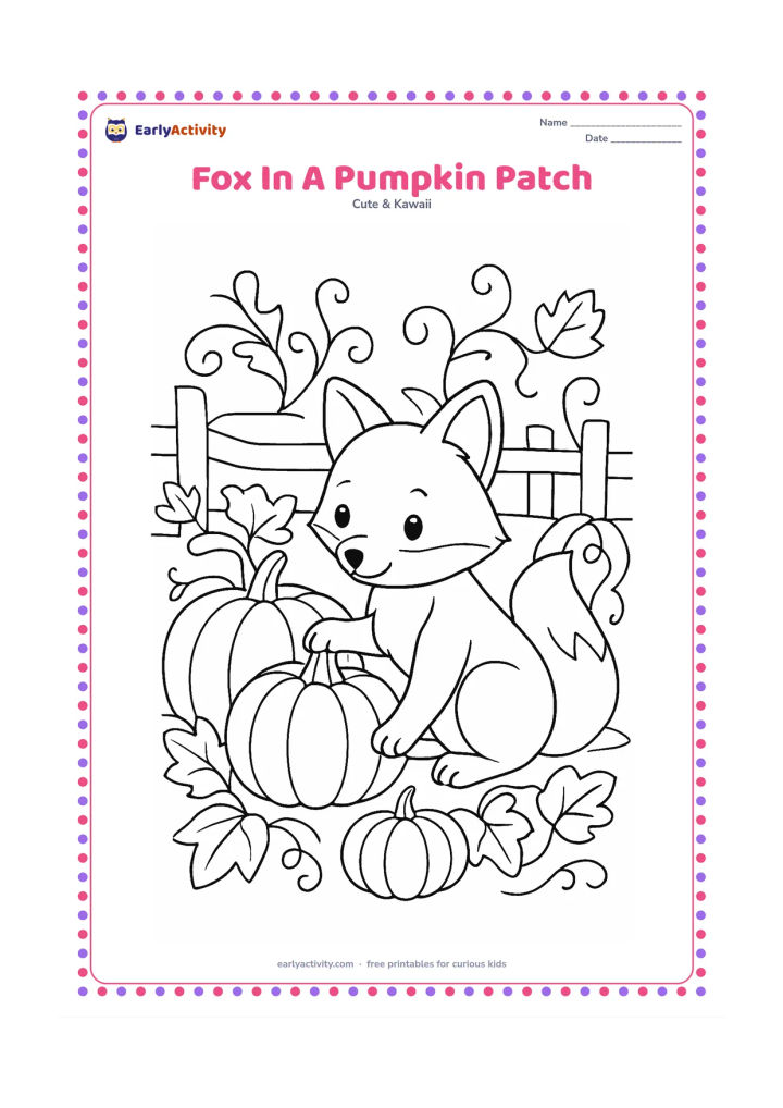 Colouring page: A fox crouches between pumpkins while gently touching one with its paw. Add curling vine leaves, a wooden basket and a low autumn fence.