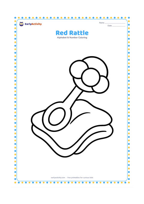 Colouring page: Draw a baby rattle lying at a slight angle, with a thick handle and three large rounded beads. Add a soft blanket underneath using only a few curved folds.