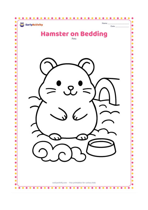 Colouring page: A round hamster sits happily in a soft bedding area surrounded by a few large curled bedding pieces. Add one simple corner hideout and a low food dish.