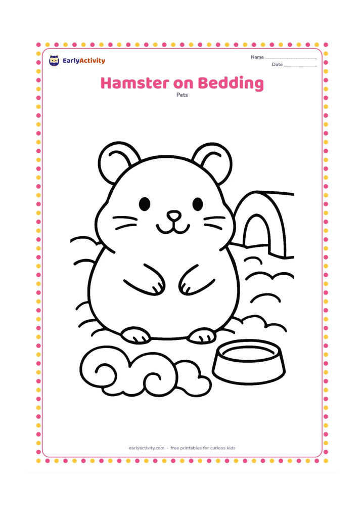 Colouring page: A round hamster sits happily in a soft bedding area surrounded by a few large curled bedding pieces. Add one simple corner hideout and a low food dish.