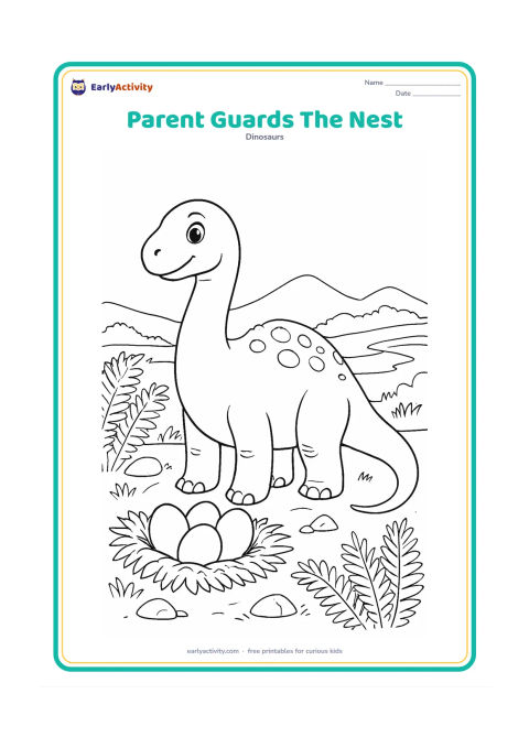 Colouring page: A sturdy but gentle dinosaur stands beside a nest holding four eggs, watching over them calmly. Add layered ferns, a few rocks, and a winding prehistoric river in the background.
