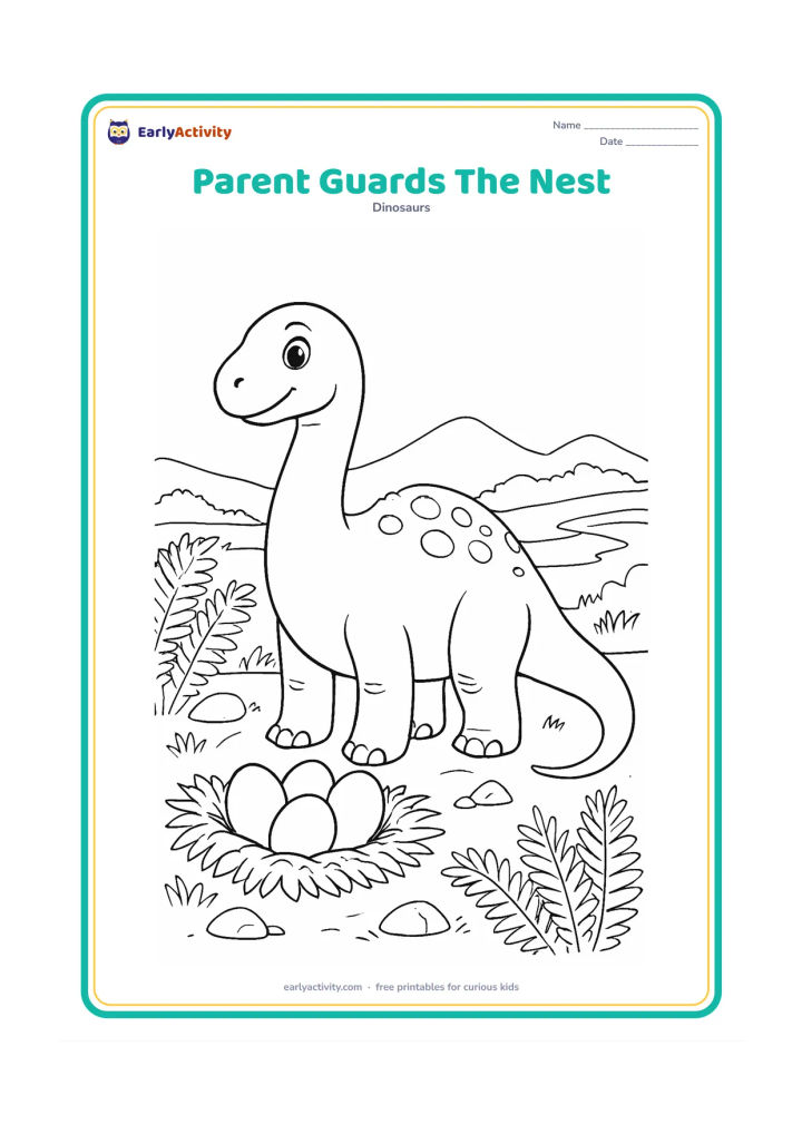 Colouring page: A sturdy but gentle dinosaur stands beside a nest holding four eggs, watching over them calmly. Add layered ferns, a few rocks, and a winding prehistoric river in the background.