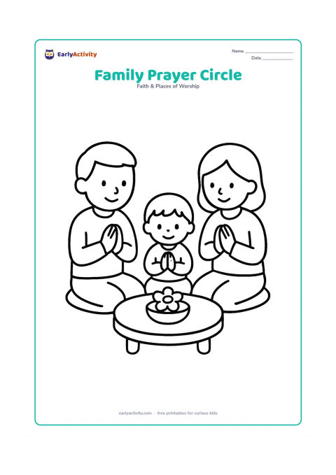 Colouring page: Three family members sit in a gentle circle on floor cushions with folded hands, with a low round table holding a flower bowl in the center.